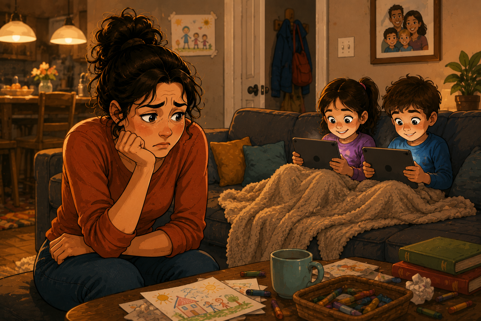 Illustration of a parent feeling torn between guilt and a bored child
