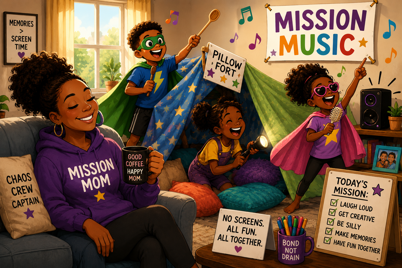 A happy family enjoying a pillow fort mission together