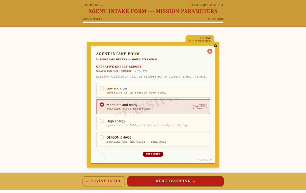 Agent intake form asking about the operative's energy level for today's mission