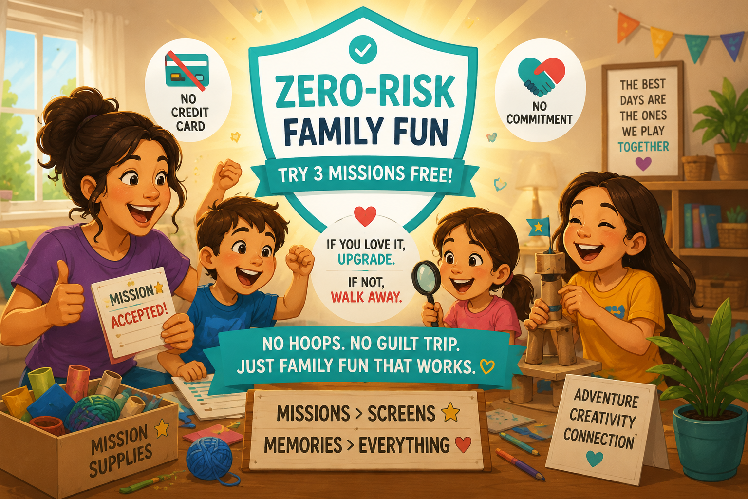 Zero-risk family fun โ try 3 missions free, no credit card, no commitment