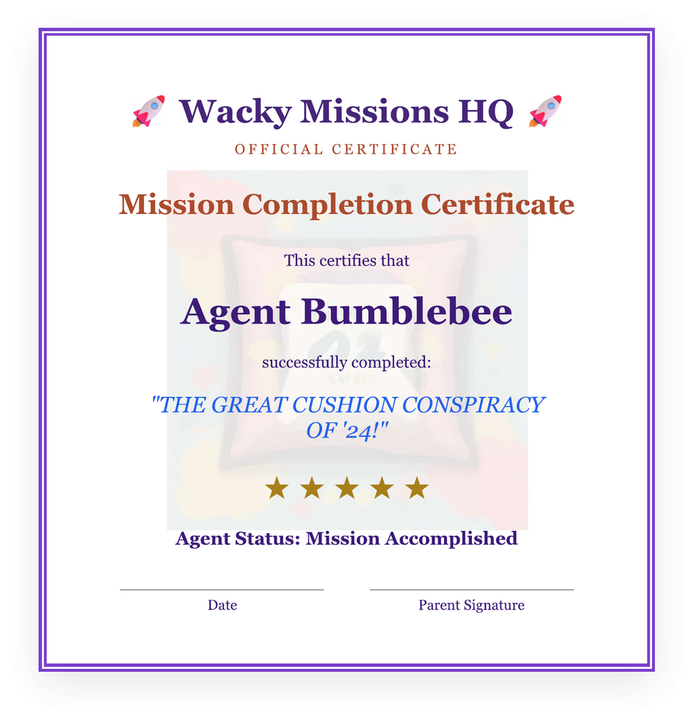 Printable Wacky Missions HQ mission completion certificate for Agent Bumblebee